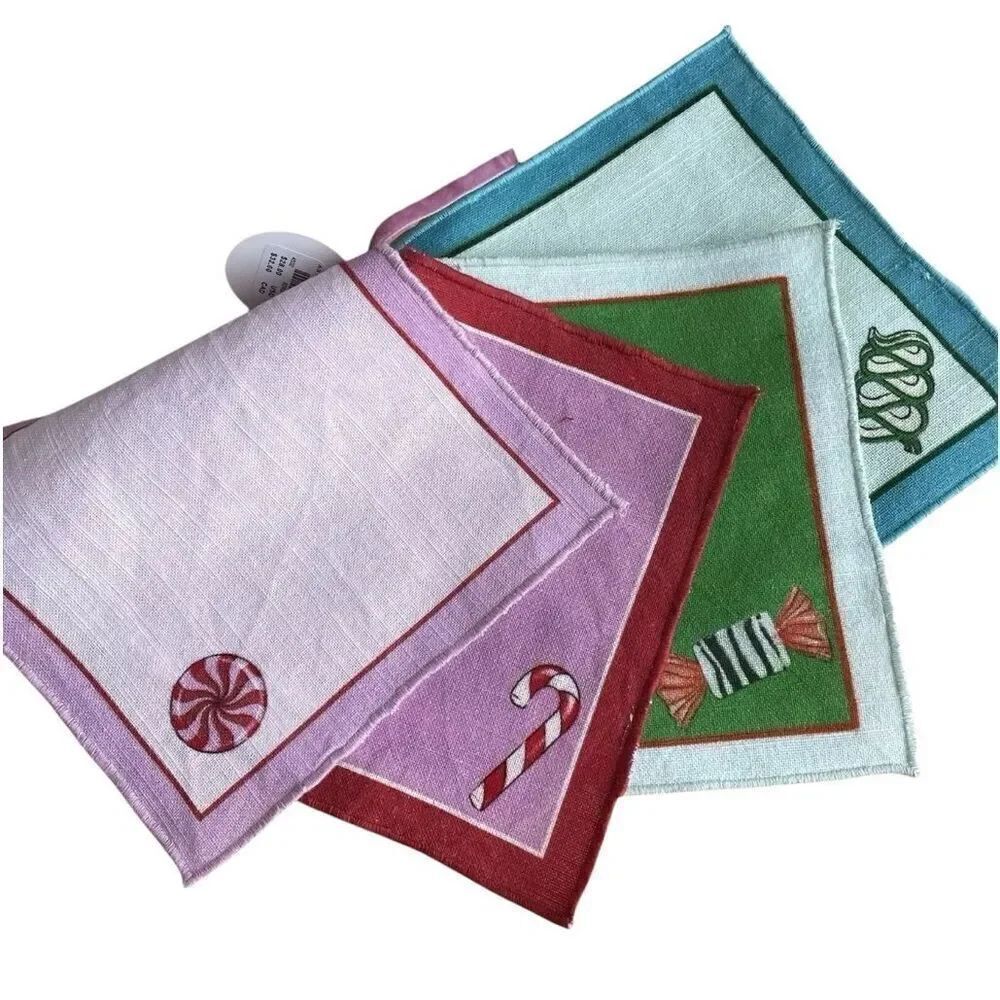 Anthropologie Bonbons Nostalgic Christmas Candy Cocktail Napkins Set of 4 Retro
